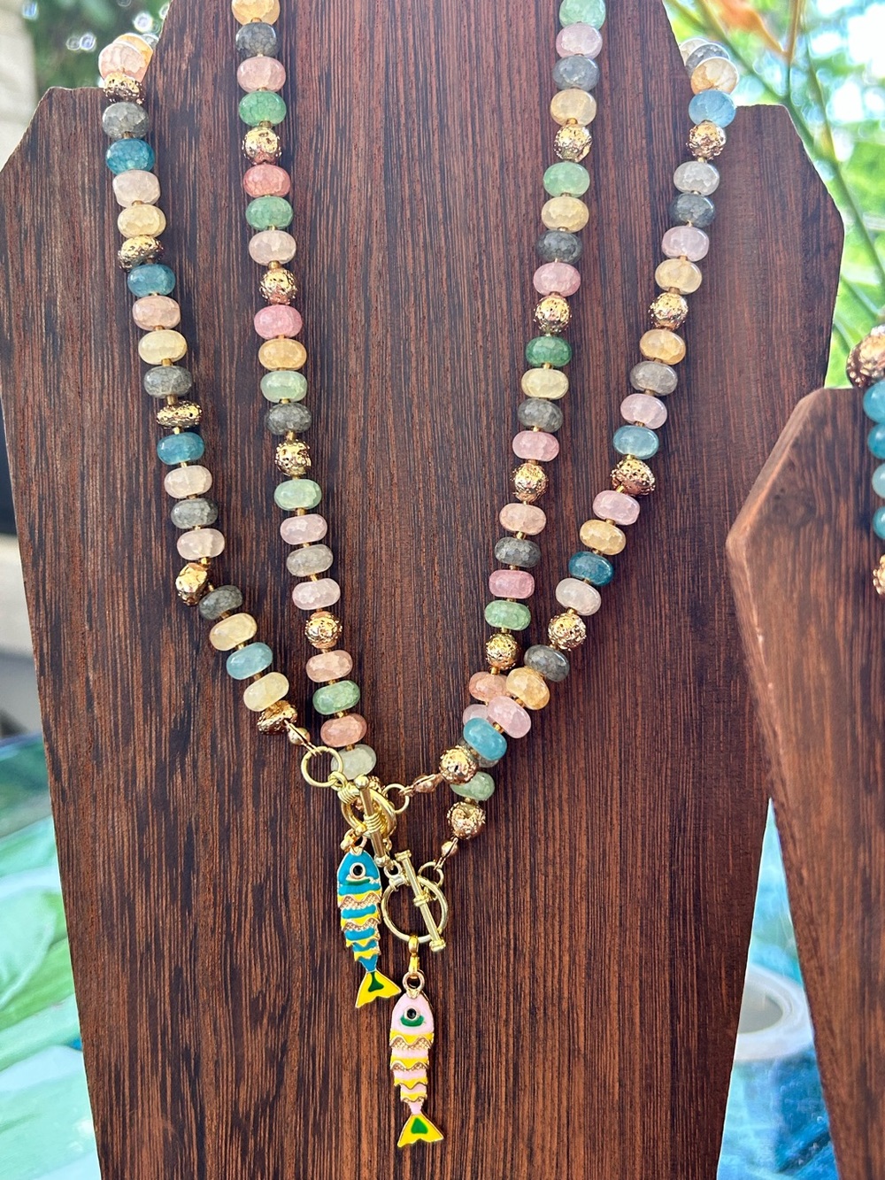 Multicolor Pastel Bead Necklace with Gold Accents and Enamel Fish 🐟Charms Ooak